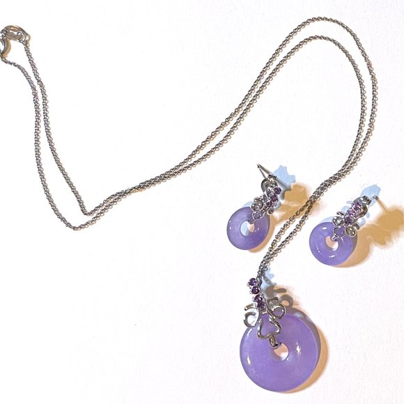 💜 Sterling Silver Lavender Jade Amethyst Earrings and Pendant Necklace Set 925 - Picture 15 of 15